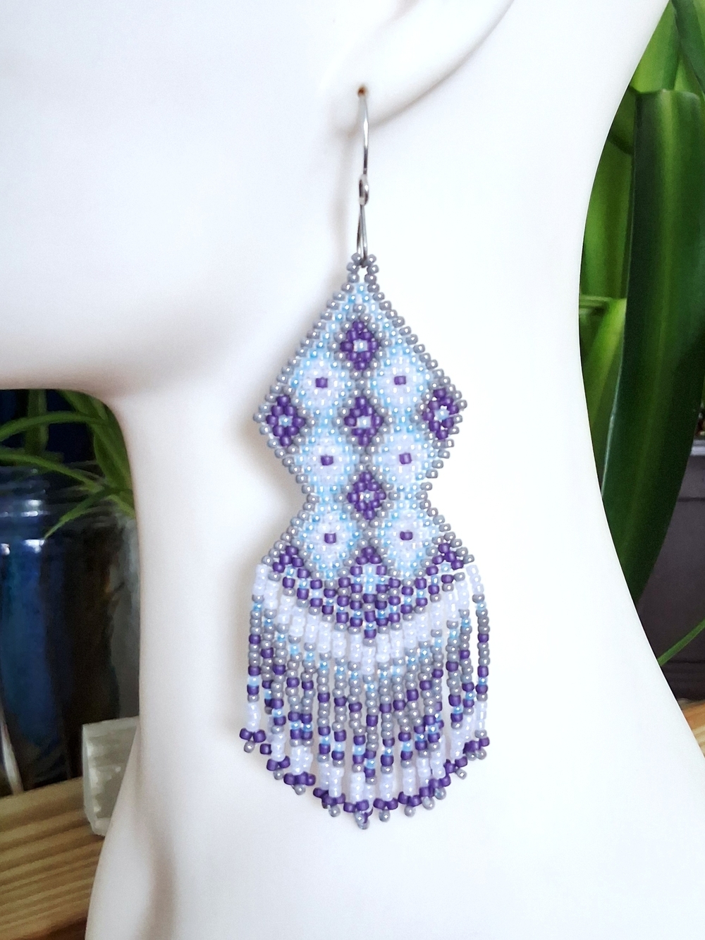 Handmade Geometric Beaded Fringe Earrings, Purple & Blue, 4.5" - Picture 7 of 7